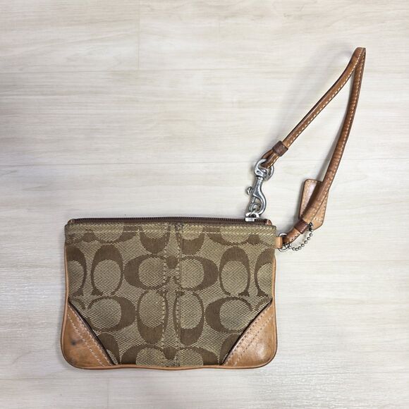 Coach Signature Double Corner Wristlet Khaki Brown Zip Leather - Picture 1 of 5